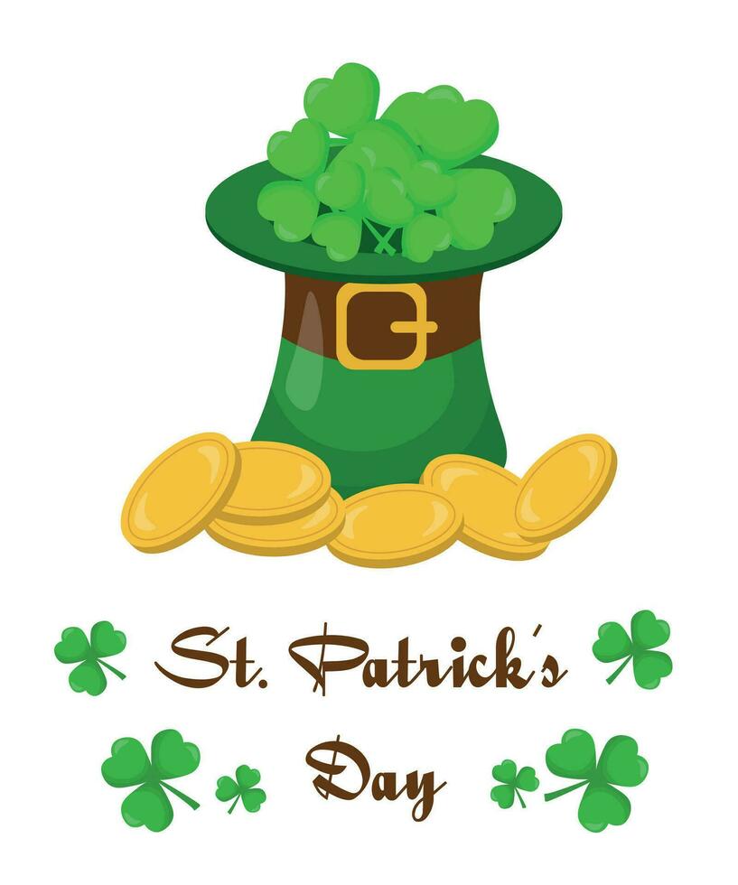 heilige Patrick's dag groet kaart ontwerp met groen elf van Ierse folklore hoed, Klaver en munten Aan een wit achtergrond. illustratie voor st. Patrick dag vector