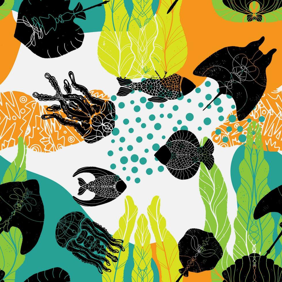 een kleurrijk patroon met vis en planten vector