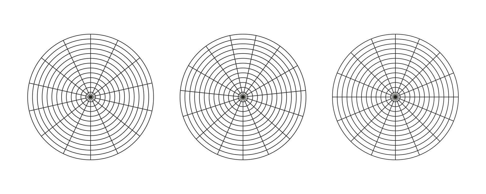 wiel van leven Sjablonen. coaching gereedschap voor visualiseren. cirkel diagrammen van leven stijl evenwicht. polair roosters met segmenten en concentrisch cirkels. blanco's van polair diagram papier. vector illustratie.