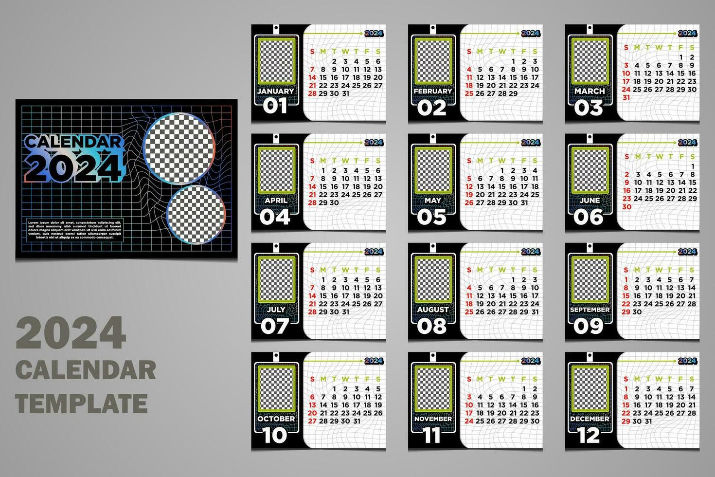 vector bureau kalender 2024 sjabloon met kromtrekken vervormd thema's