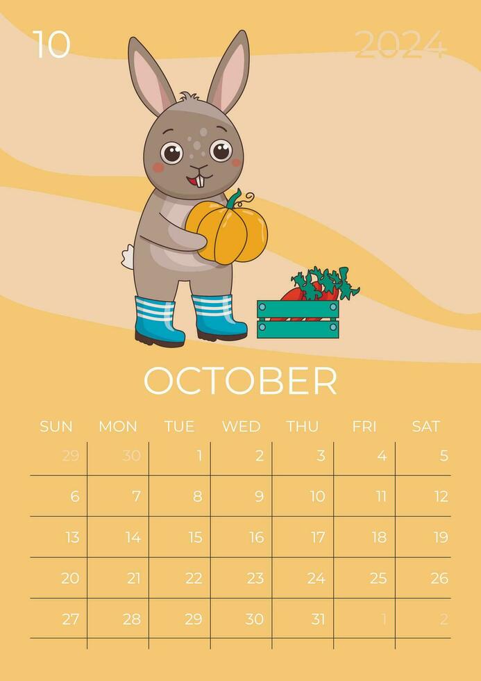 verticaal kinderen kalender 2024. maand van oktober. haas in rubber laarzen houdt een groot pompoen in zijn handen De volgende naar een doos van wortels. a5 formaat. vector grafisch.