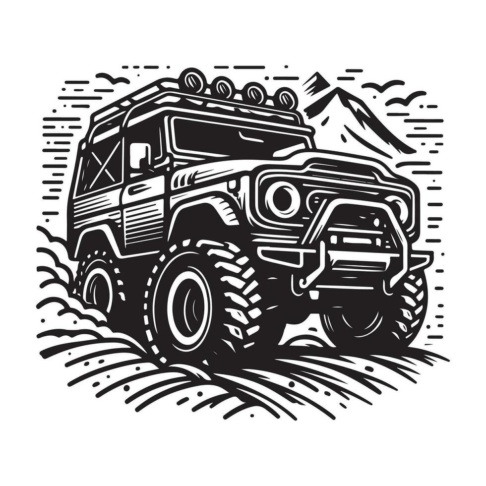rustiek hand- getrokken logo illustratie van uit weg auto vector