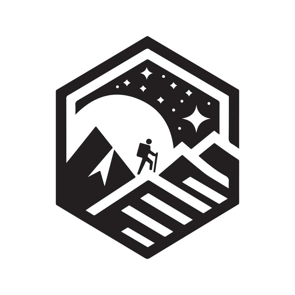 meetkundig monochroom illustratie logo van berg wandelen vector