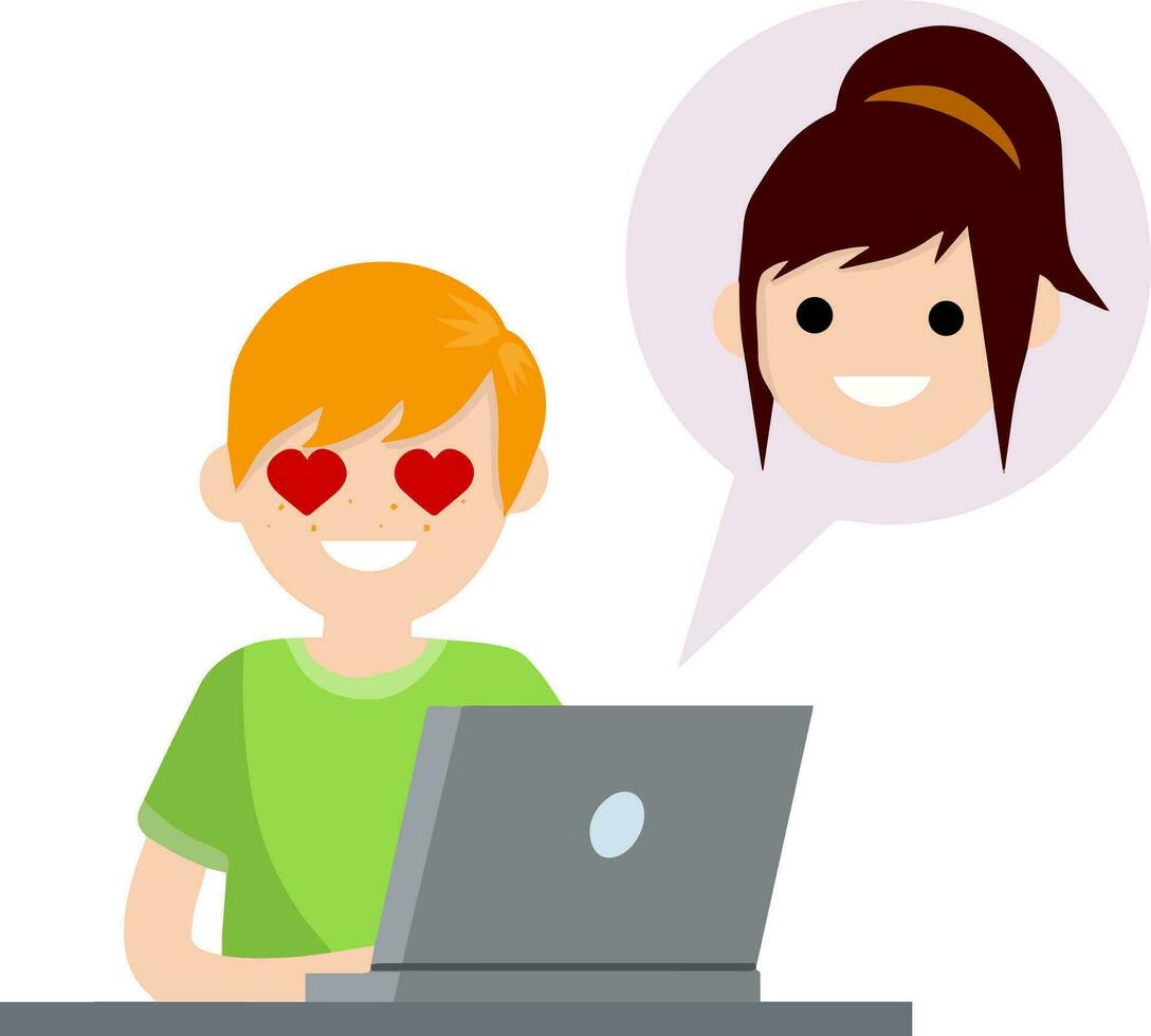 Mens in liefde zittend Bij tafel met laptop. vriendje en vriendin e-mail. bubbel met meisje hoofd. romantisch relaties Aan internetten. tekenfilm vlak illustratie. babbelen met vrouw. hart Aan ogen vector