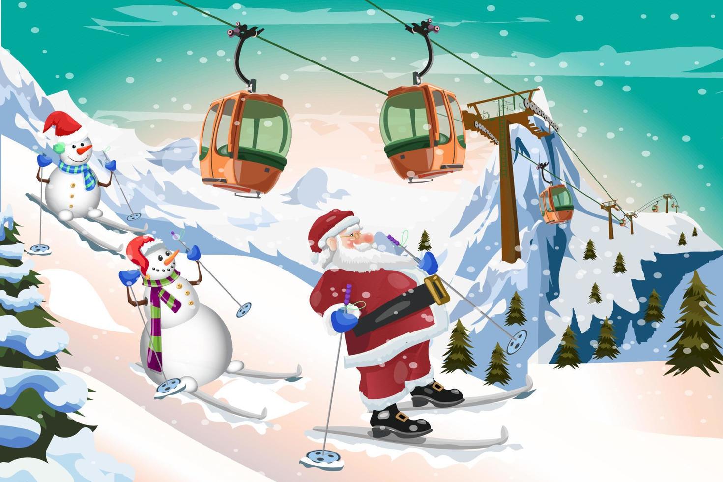 Kerstman en sneeuwpop skiën met gondel tram wintertijd achtergrond vector design