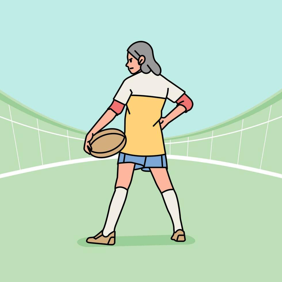 rugby Amerikaans voetbal karakter spelers actie atleet veld- lijn stijl illustratie vector