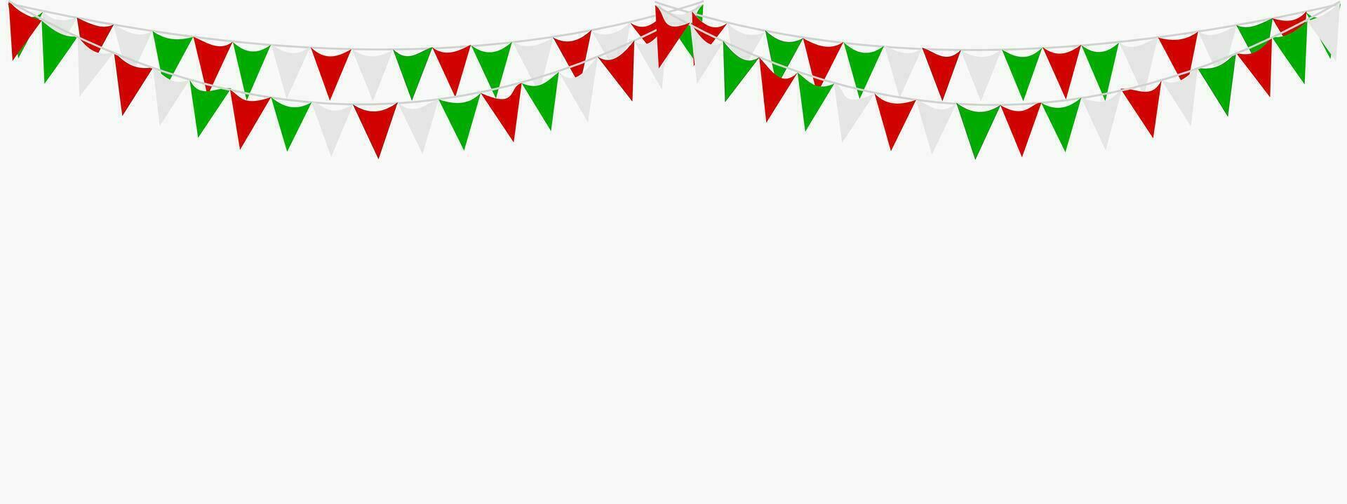 Italiaans republiek dag, 2e juni. vlaggedoek hangende rood wit groen vlag driehoeken banier achtergrond. Italië, iran, Portugal, Libanon, Wit-Rusland, bulgarije, Mexico. partij, eerlijk, kerstmis, nieuw jaar, carnaval. vector
