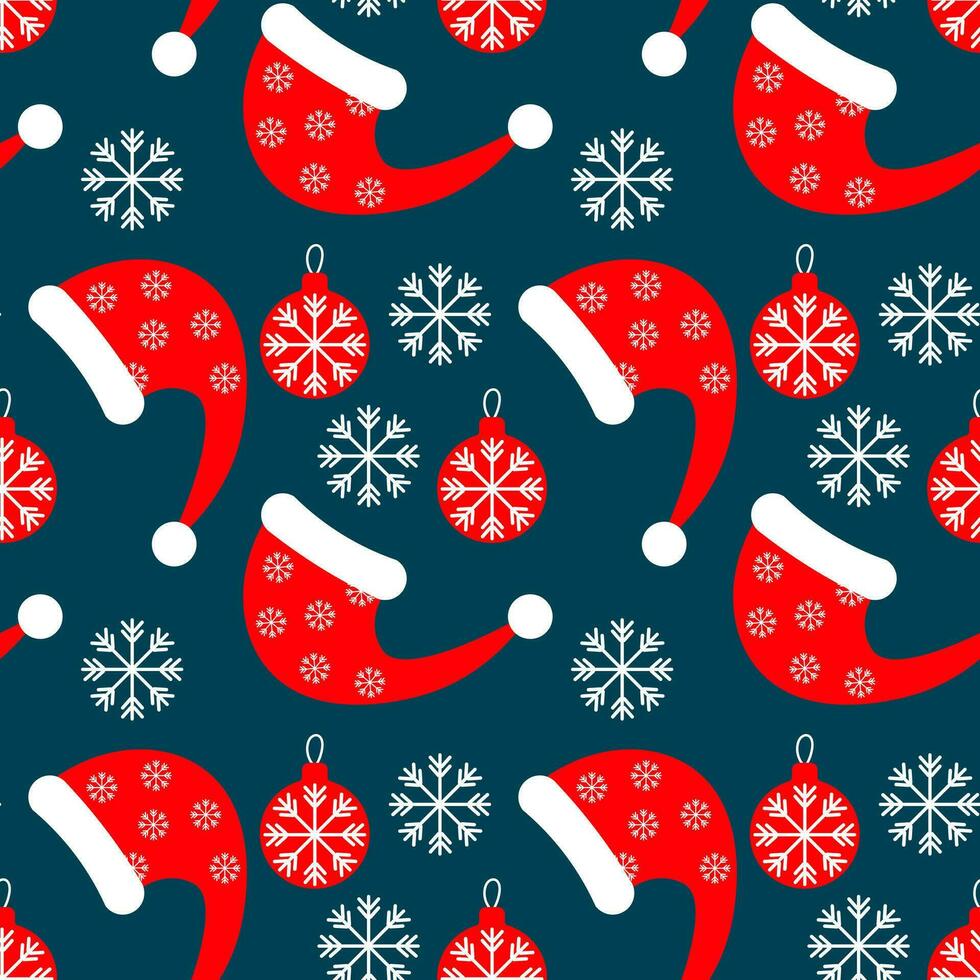 naadloos patroon, de kerstman claus hoeden, sneeuwvlokken en Kerstmis ballen. afdrukken, textiel, vector