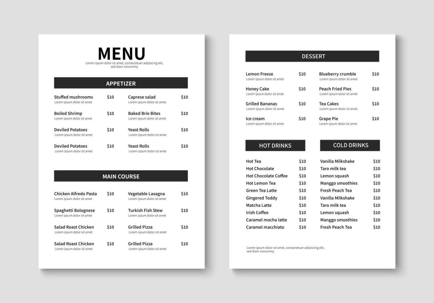 menu sjabloon voor restaurant en cafe. minimalistische restaurant menu boekje ontwerp. brochure, omslag, folder ontwerp. vector illustratie