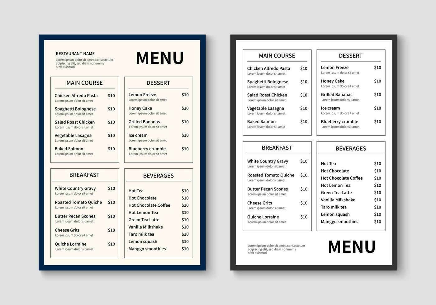 menu sjabloon voor restaurant en cafe. minimalistische restaurant menu boekje ontwerp. brochure, omslag, folder ontwerp. vector illustratie
