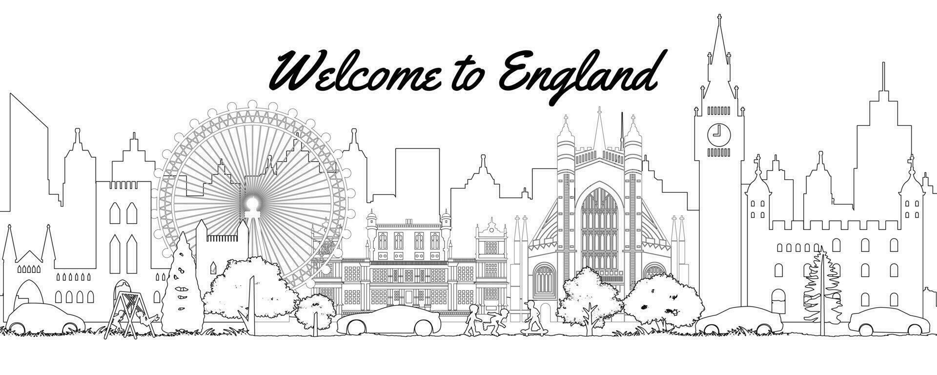 Engeland landschap met beroemd oriëntatiepunten door silhouet schets stijl vector