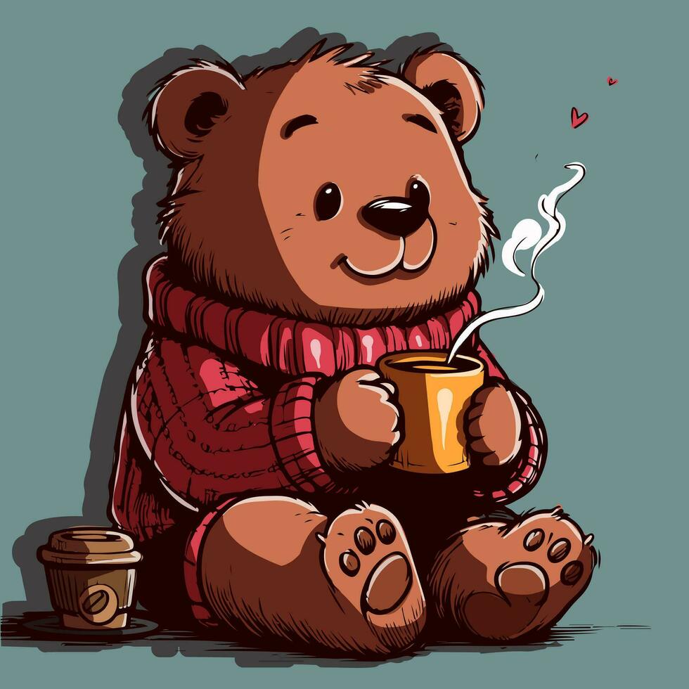 vector van een tekenfilm beer met een trui drinken een kop van heet chocola. ochtend- antropomorf dier Holding een mok van koffie