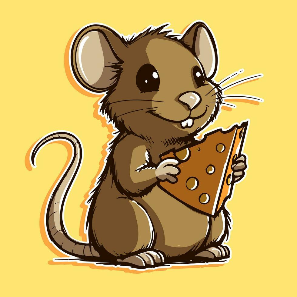 tekenfilm karakter van een klein muis Holding een groot plak van kaas. schattig en aanbiddelijk Rat aan het eten zuivel producten vector