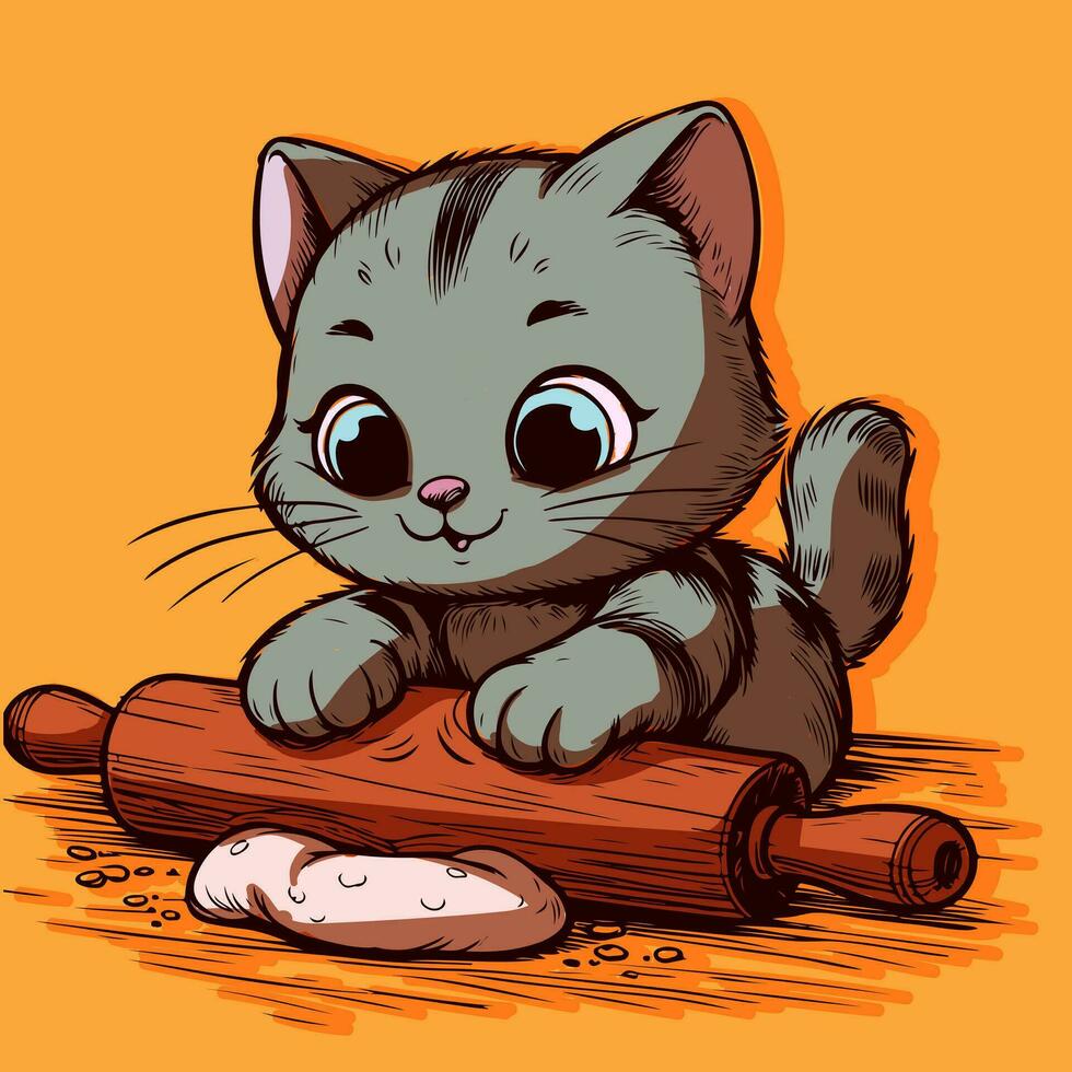 vector van een schattig kat bakken en Koken koekjes. tekening van een antropomorf dier kneden de deeg.