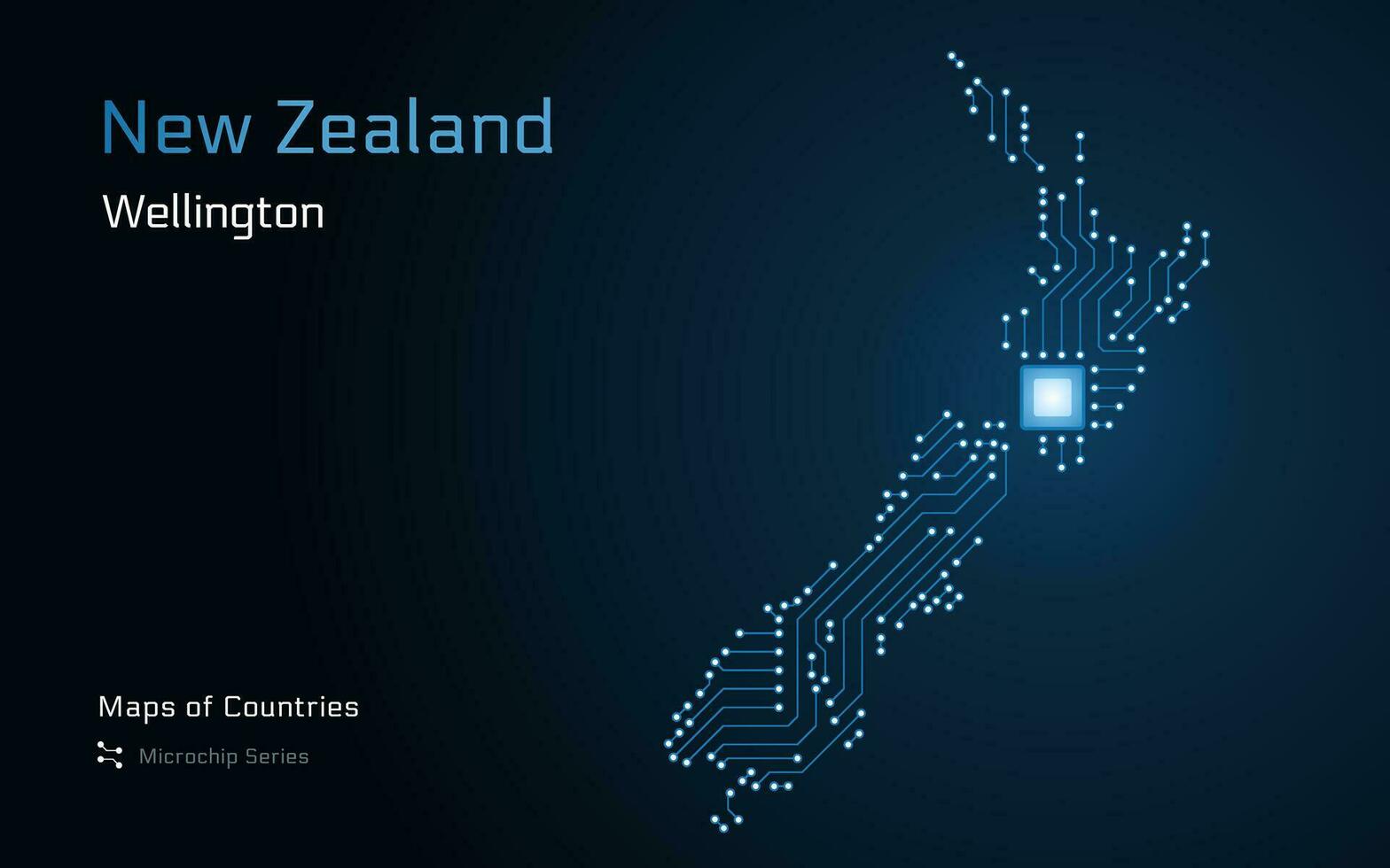 vrij nieuw Zeeland kaart met een hoofdstad van Wellington getoond in een microchip patroon met verwerker. e-overheid. wereld landen vector kaarten. microchip serie