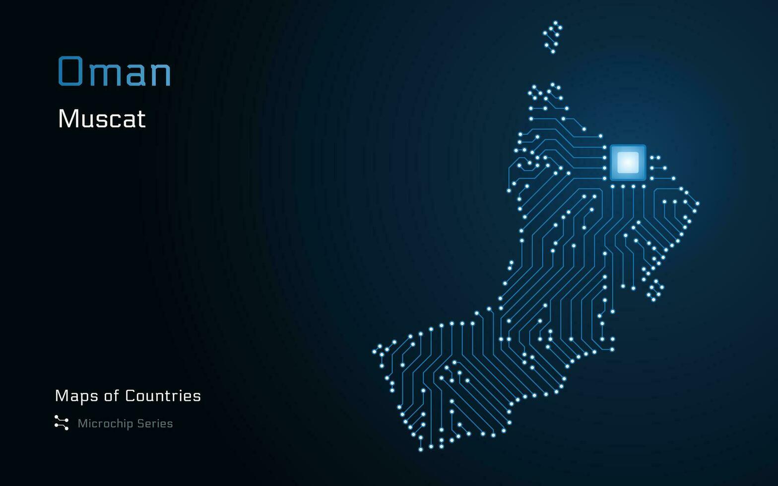 Oman kaart met een hoofdstad van muscat getoond in een microchip patroon met verwerker. e-overheid. wereld landen vector kaarten. microchip serie