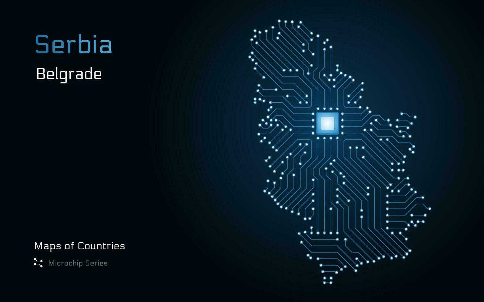 Servië kaart met een hoofdstad van belgradogetoond in een microchip patroon met verwerker. e-overheid. wereld landen vector kaarten. microchip serie