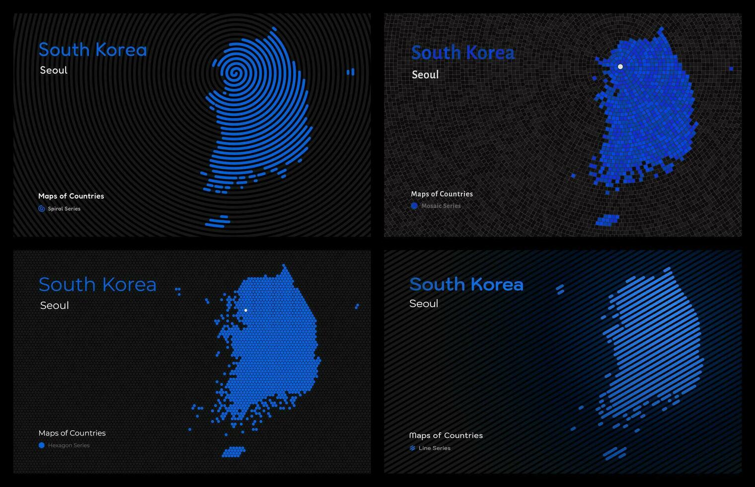 creatief kaart reeks van 4 stijlen van zuiden Korea. hoofdstad seoel. hoofdstad. wereld landen vector kaarten serie. zwart
