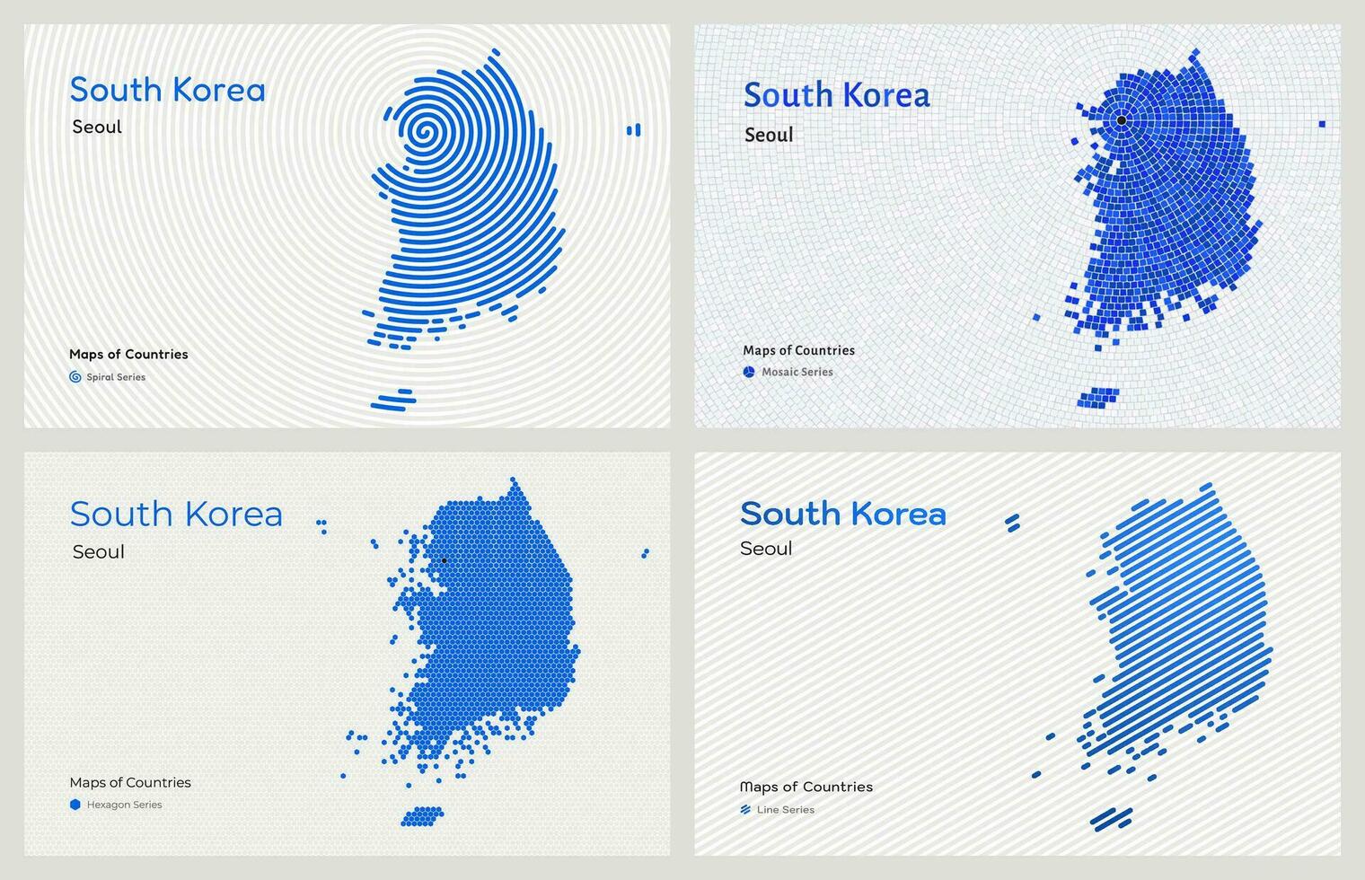 creatief kaart reeks van 4 stijlen van zuiden Korea. hoofdstad seoel. hoofdstad. wereld landen vector kaarten serie. wit