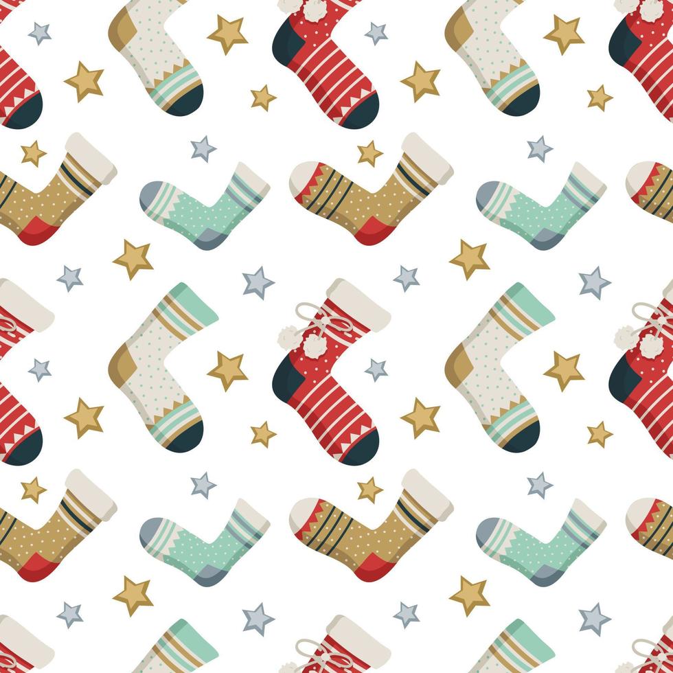 naadloos patroon met sokken, sterren en verschillende print. winter trendy achtergrond van kledingartikelen, cadeaupapier, ansichtkaarten voor Kerstmis of Nieuwjaar vector