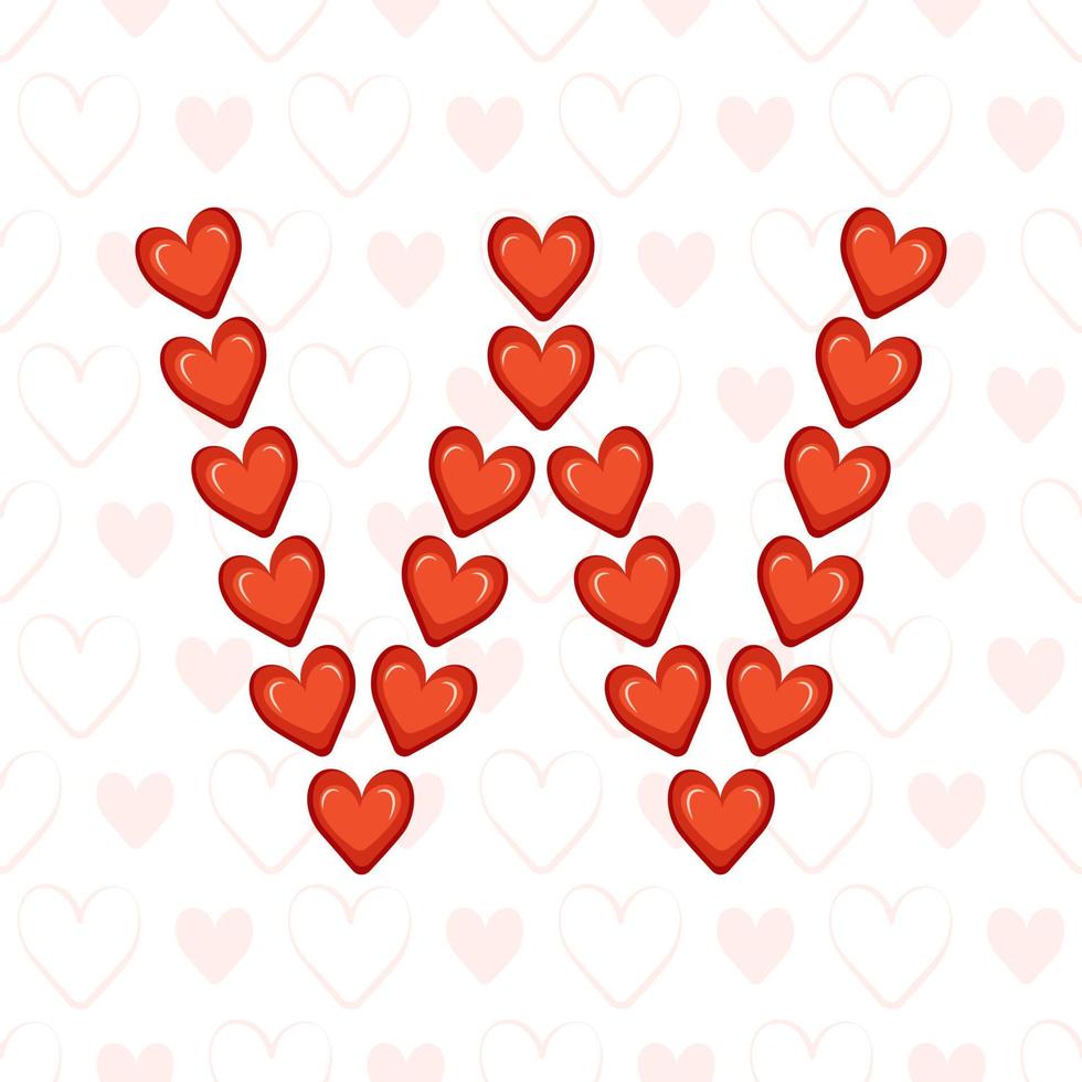 letter w van rode harten op naadloos patroon met liefdesymbool. feestelijk lettertype of decoratie voor valentijnsdag, bruiloft, vakantie en design vector