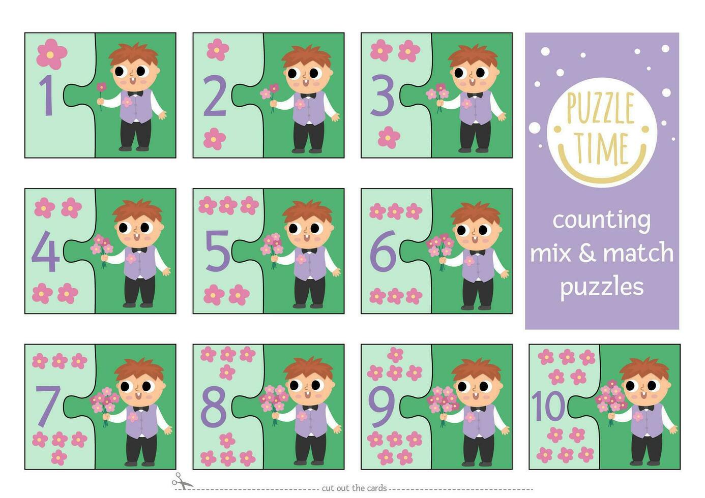 vector bruiloft mengen en bij elkaar passen puzzel met schattig bloemen en jongen met boeket. bij elkaar passen wiskunde werkzaamheid voor peuter- kinderen. leerzaam afdrukbare tellen bij elkaar passen omhoog spel voor kinderen met kind gast