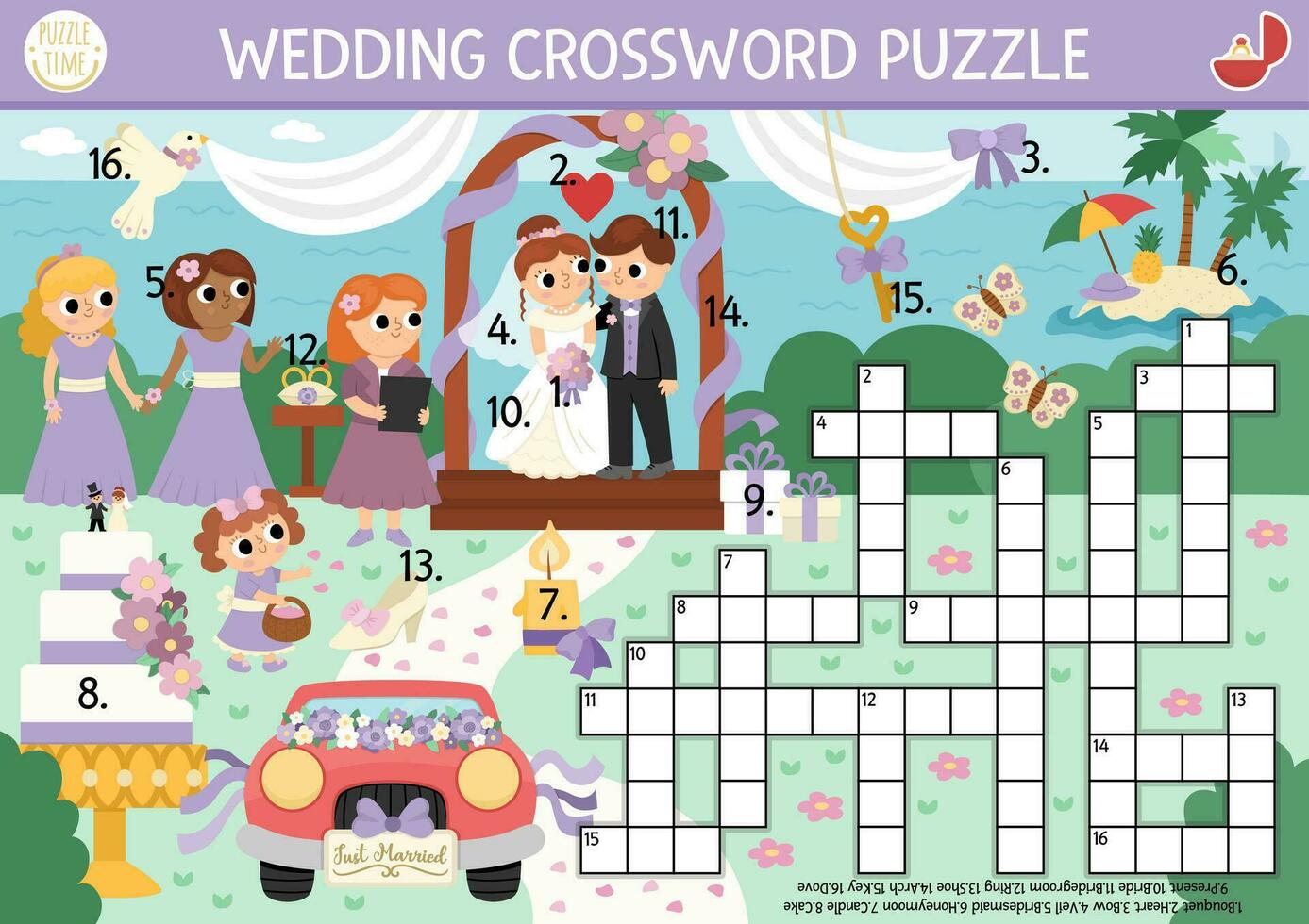 vector bruiloft kruiswoordraadsel puzzel voor kinderen. gemakkelijk quiz met huwelijk ceremonie landschap voor kinderen. leerzaam werkzaamheid met bruid, bruidegom, gasten, taart. schattig kruis woord met huwelijk vakantie tafereel