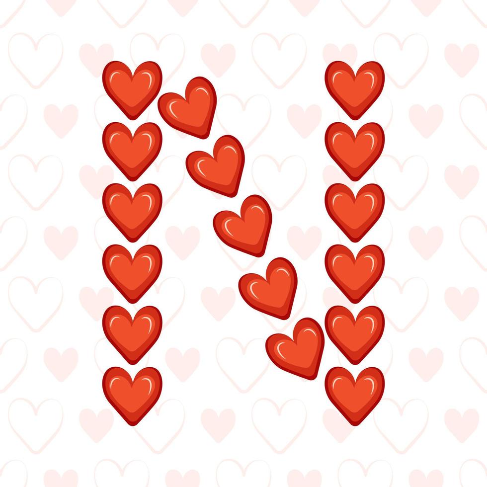 letter n van rode harten op naadloos patroon met liefdesymbool. feestelijk lettertype of decoratie voor valentijnsdag, bruiloft, vakantie en design vector