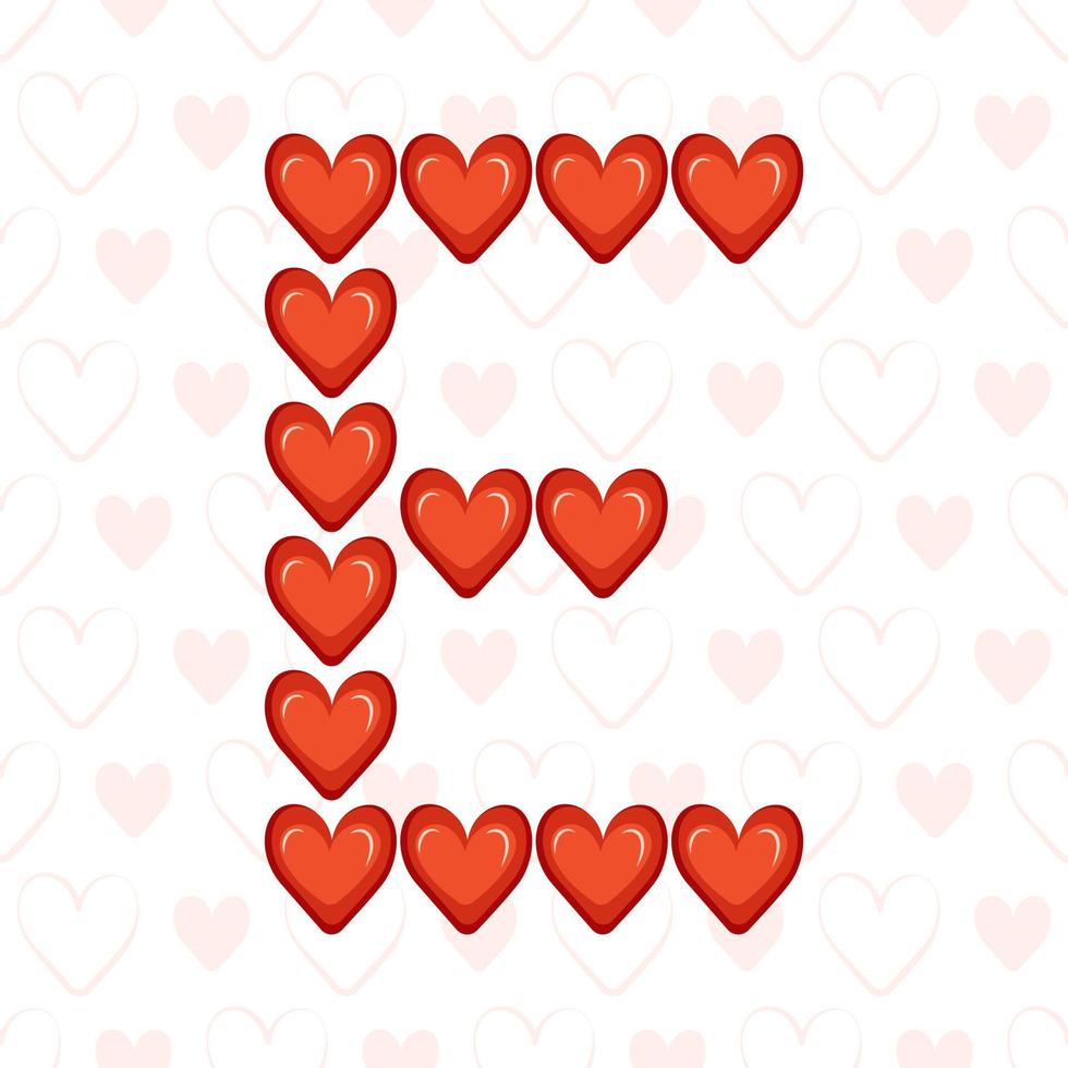 letter e van rode harten op naadloos patroon met liefdesymbool. feestelijk lettertype of decoratie voor valentijnsdag, bruiloft, vakantie en design vector