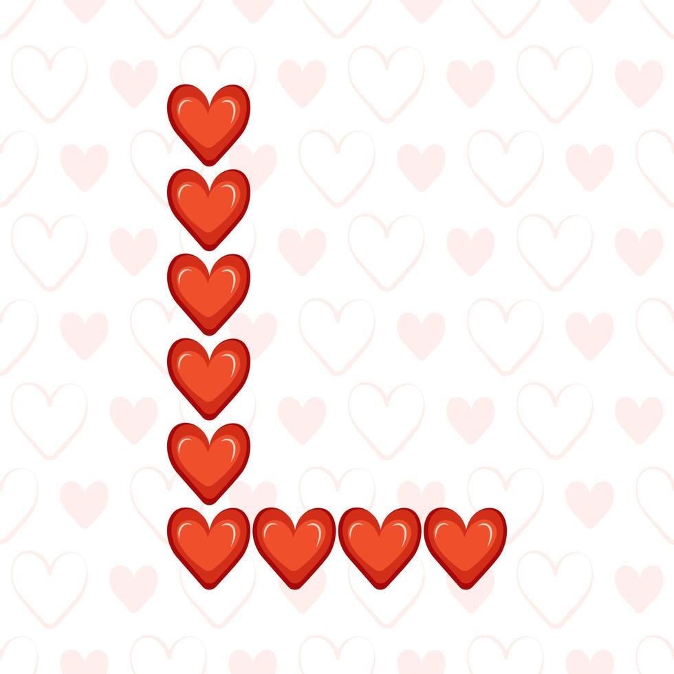 letter l van rode harten op naadloos patroon met liefdesymbool. feestelijk lettertype of decoratie voor valentijnsdag, bruiloft, vakantie en design vector