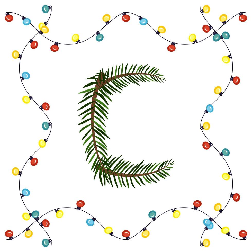 letter c van groene kerstboomtakken. feestelijk lettertype en frame van slinger, symbool van gelukkig nieuwjaar en kerstmis, teken van alfabet vector