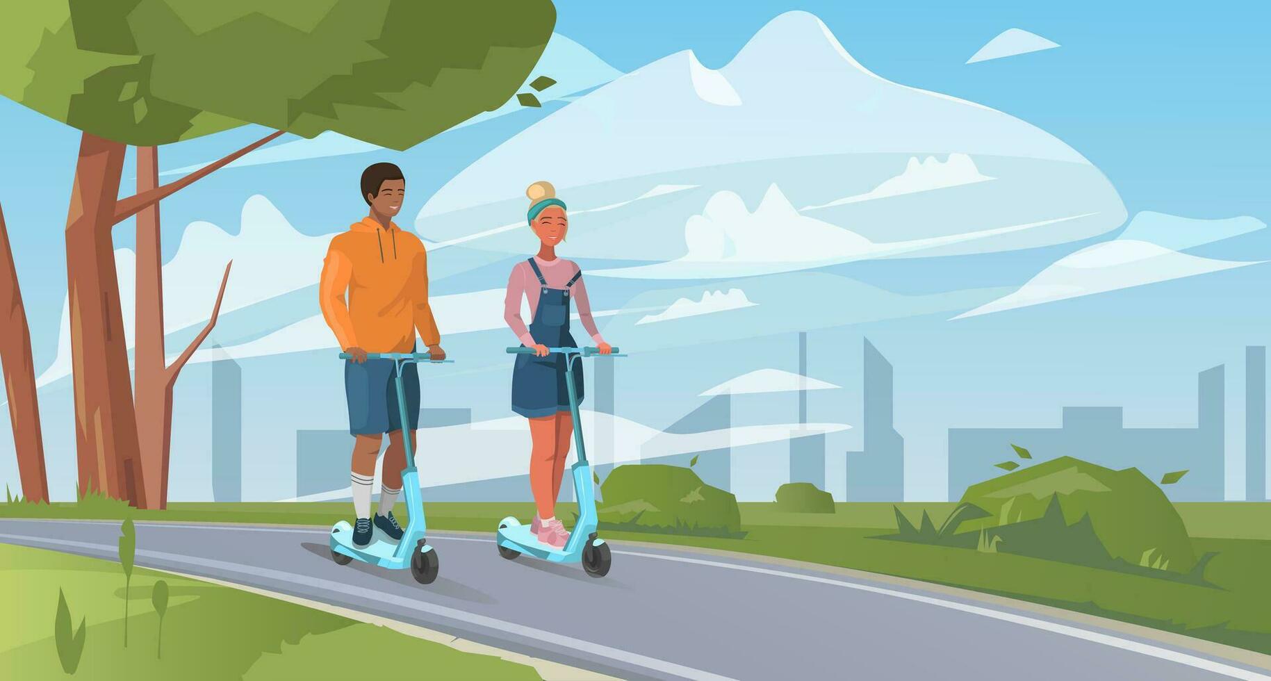 buitenshuis recreatief activiteiten. paar met elektrisch wandelen scooters Aan de stadsgezicht. vector illustratie in vlak stijl. milieuvriendelijk vervoer in een modern stad.