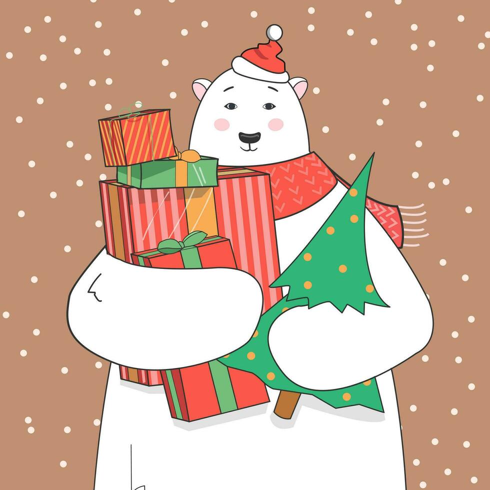 Kerstmis kaart, seizoenen hartelijk groeten. polair beer houdt cadeaus in haar poten. winter uitverkoop, winkelen. vector