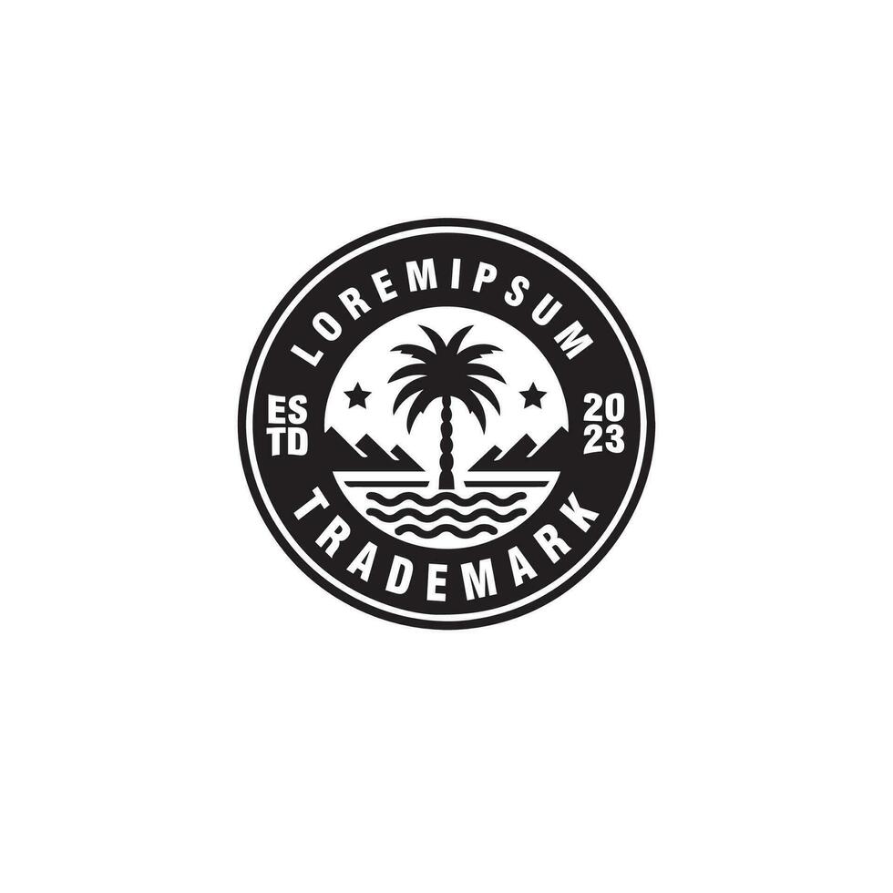palm boom oceaan wijnoogst insigne logo ontwerp vector sjabloon