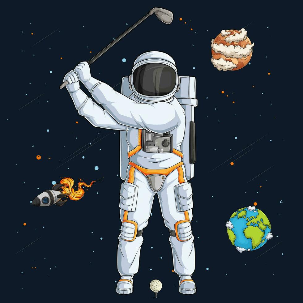 hand- getrokken astronaut in ruimtepak spelen golf, batsman kosmonaut over- ruimte raket en planeten vector