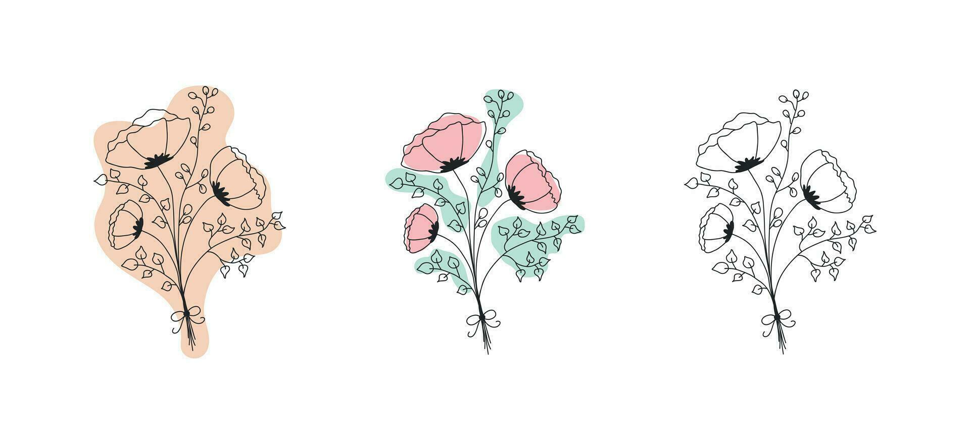 vrouw bloem boeket, linart stijl bloemen, geïsoleerd boeket met verschillend gekleurde inzetstukken. botanisch decoratief ansichtkaart ontwerp pastel reeks vector illustratie. logo spa welzijn schoonheid huidsverzorging