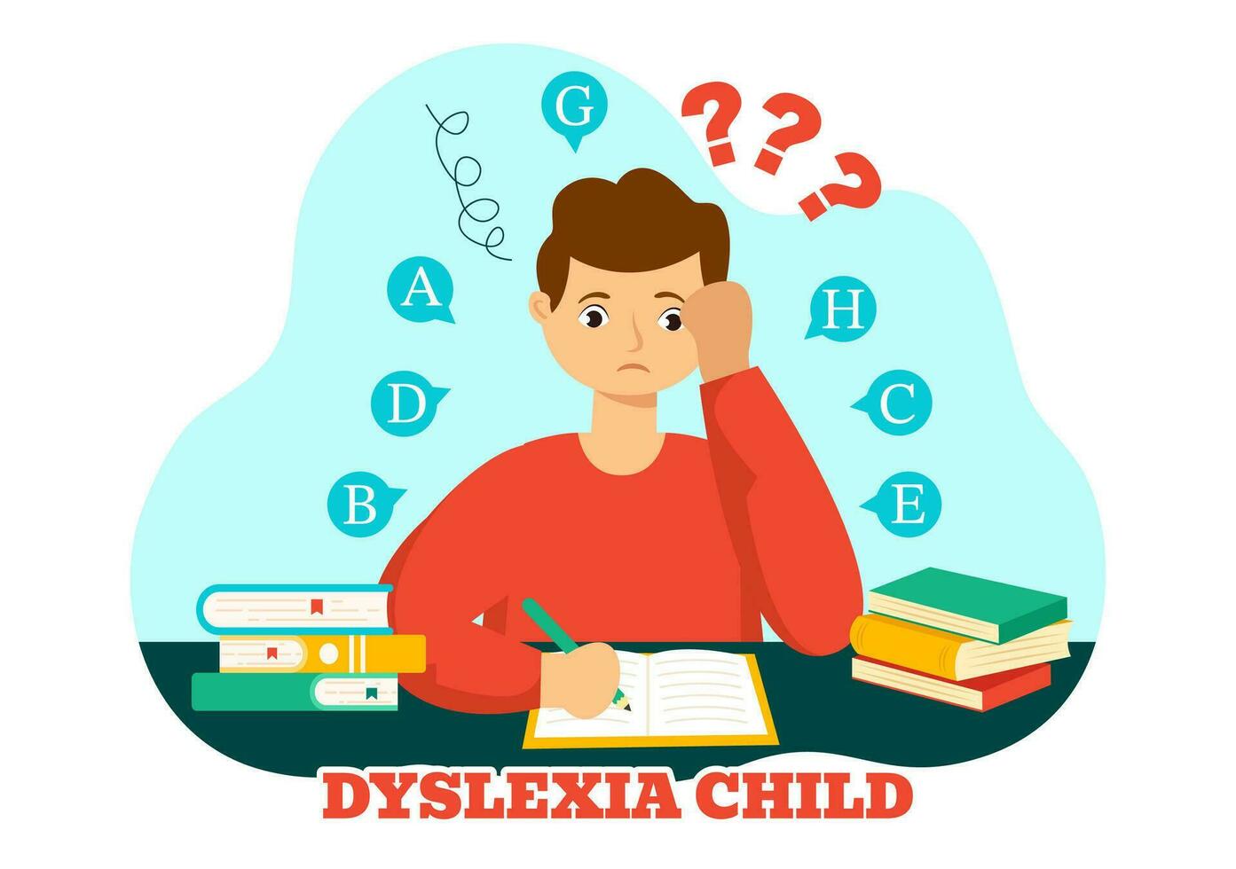 dyslexie kinderen vector illustratie van kinderen dyslexie wanorde en moeilijkheid in aan het leren lezing met brieven vliegend uit in vlak tekenfilm achtergrond