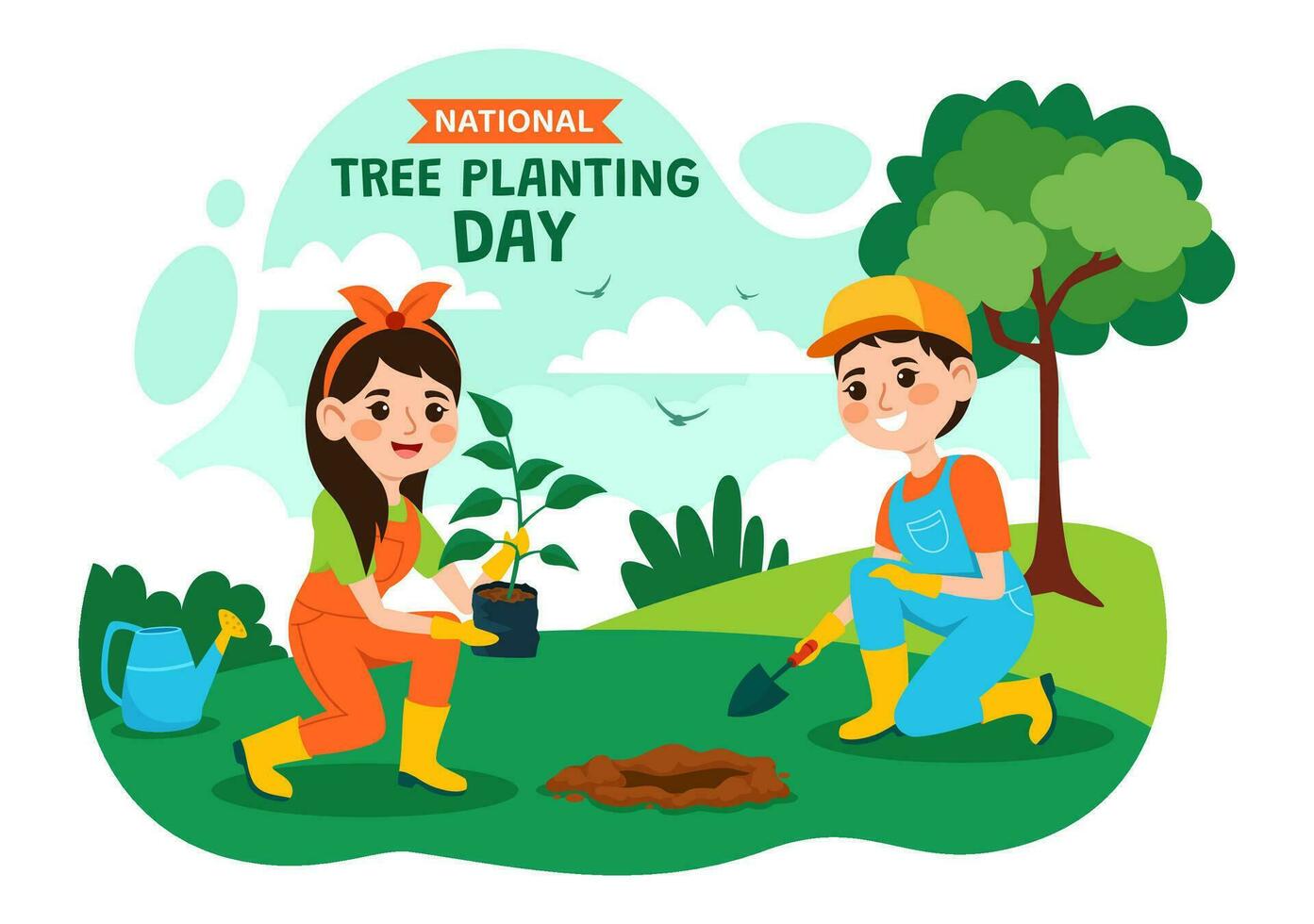 nationaal boom aanplant dag vector illustratie met kinderen fabriek zaailing bomen in Woud of tuin in prieel vlak tekenfilm achtergrond ontwerp