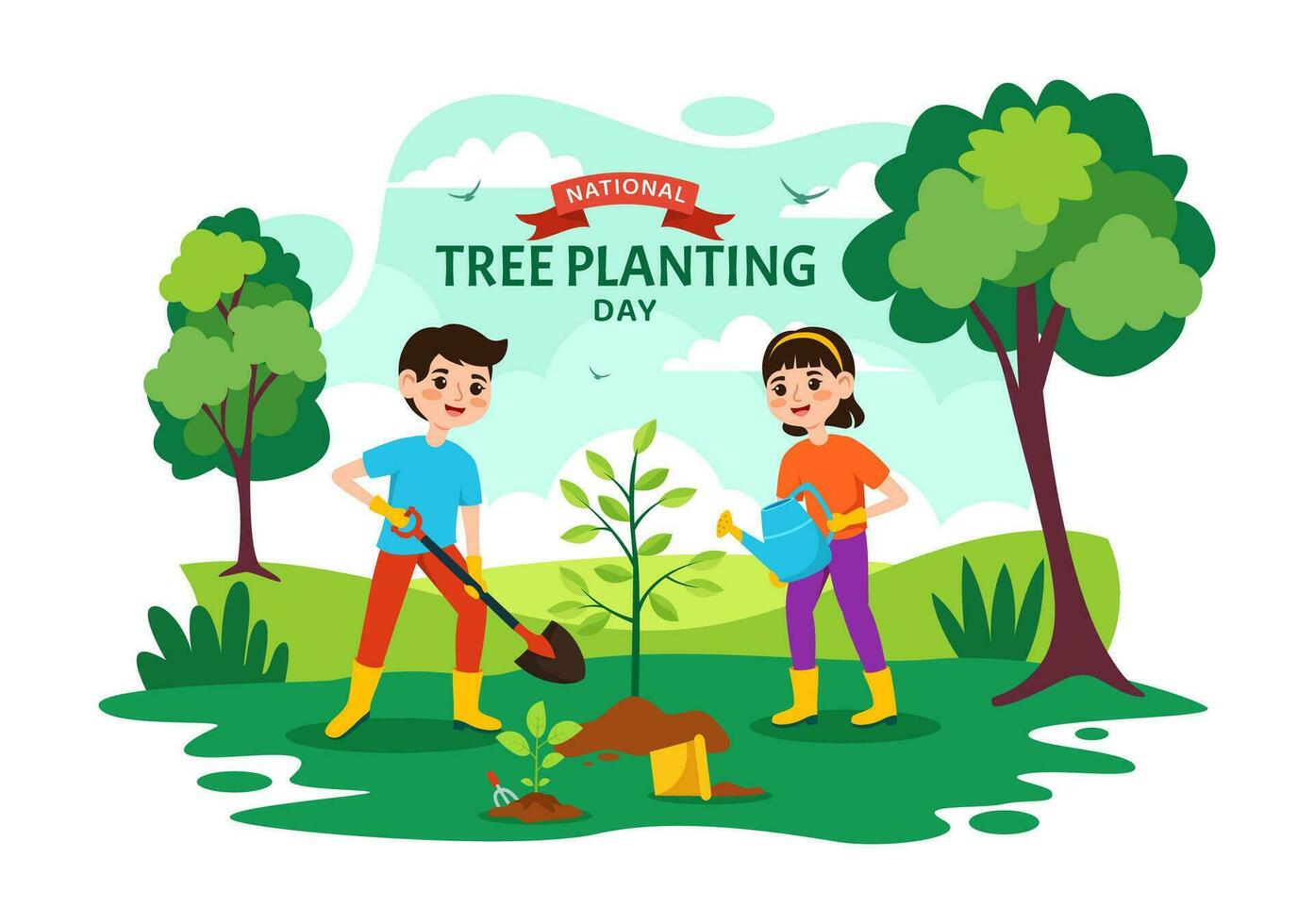 nationaal boom aanplant dag vector illustratie met kinderen fabriek zaailing bomen in Woud of tuin in prieel vlak tekenfilm achtergrond ontwerp