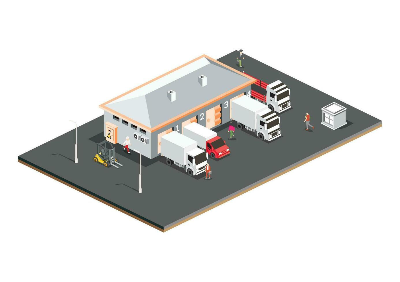 isometrische distributie logistiek centrum. magazijn opslagruimte faciliteiten met vrachtwagens geïsoleerd Aan wit achtergrond. bezig met laden ontladen terminal. vector