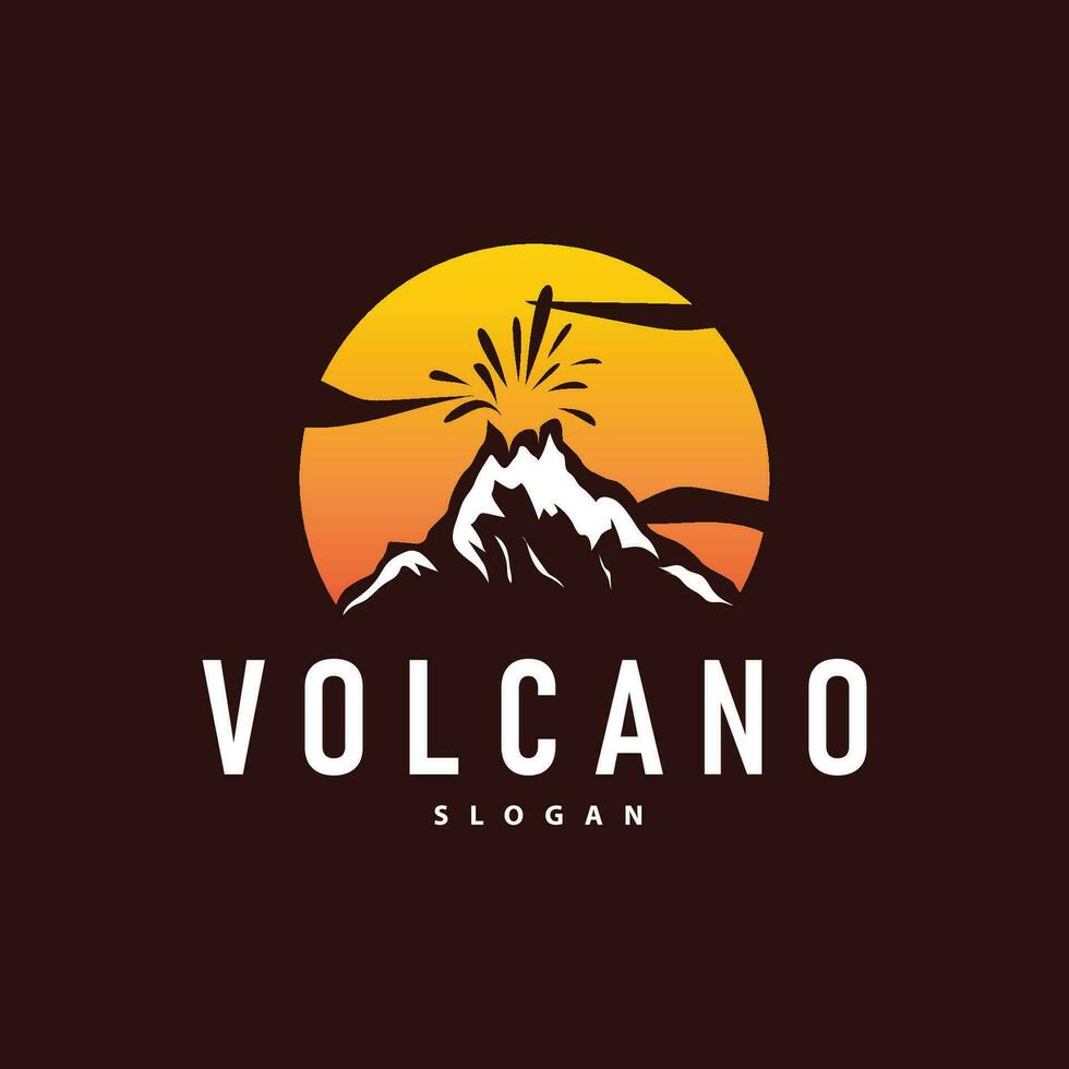 vulkaan logo illustratie silhouet ontwerp vulkaan berg uitbarsting met gemakkelijk rotsen en lava vector