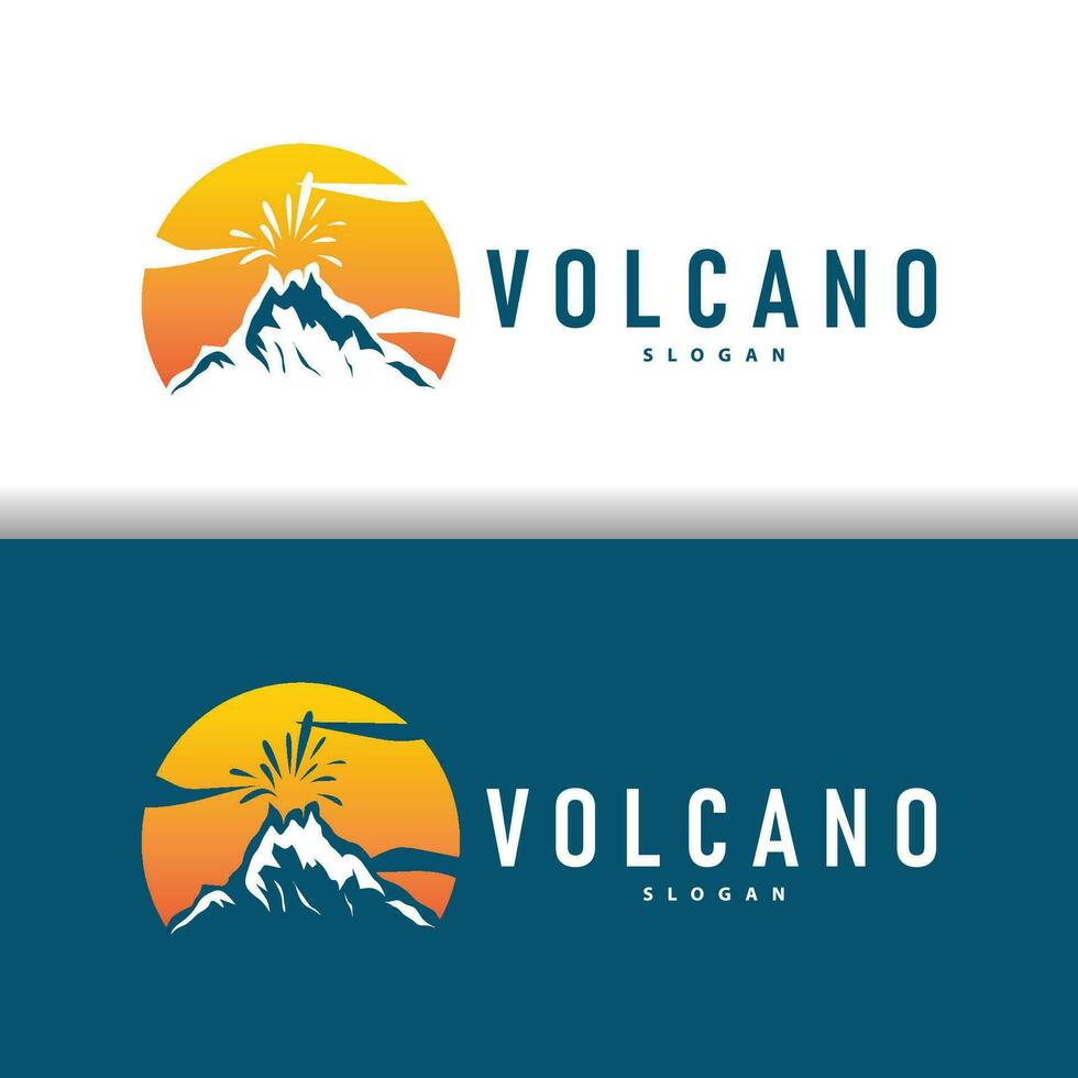 vulkaan logo illustratie silhouet ontwerp vulkaan berg uitbarsting met gemakkelijk rotsen en lava vector