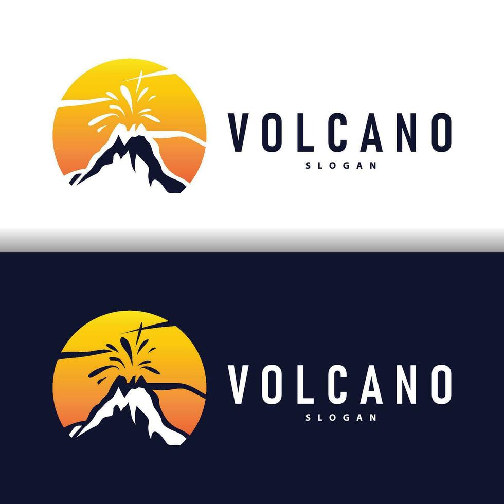 vulkaan logo illustratie silhouet ontwerp vulkaan berg uitbarsting met gemakkelijk rotsen en lava vector