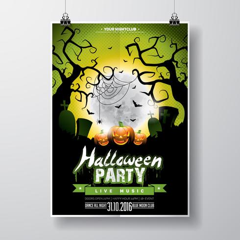 Vector Halloween Party Flyer Design met typografische elementen en pompoen