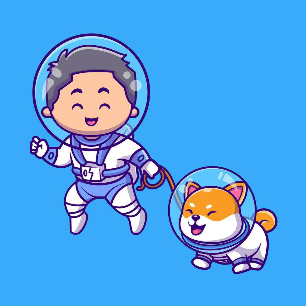 schattig jongen astronaut drijvend shiba inu hond tekenfilm vector icoon illustratie. mensen dier icoon concept geïsoleerd premie vector. vlak tekenfilm stijl