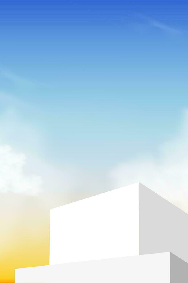 wit podium stap Aan zonsondergang lucht en wolk achtergrond, perron 3d mockup Scherm stap voor zomer kunstmatig Product presentatie voor verkoop, promotie, web online, scène natuur voorjaar lucht met gebouw muur vector