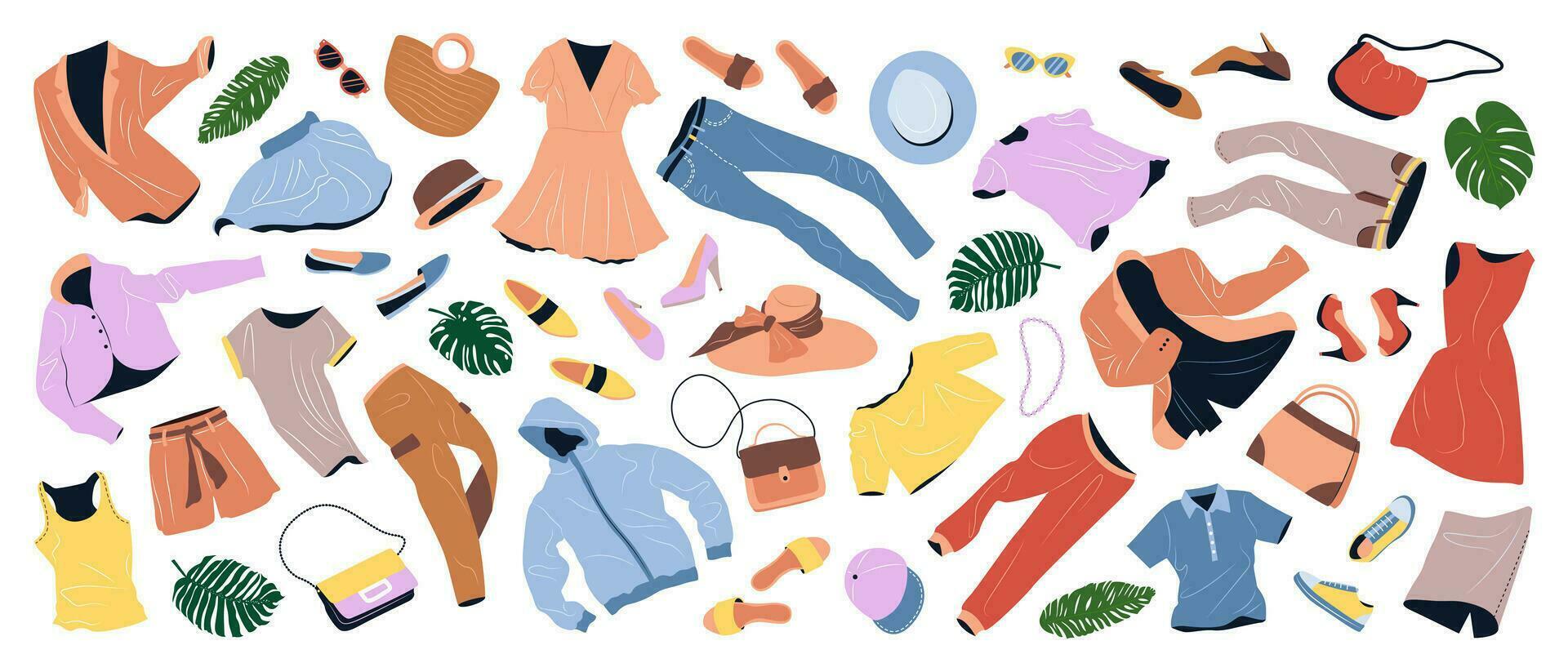 reeks van mode kleren voor Dames. gewoontjes kledingstukken en accessoires voor voorjaar en zomer. jasje, Tassen, schoenen, broek, korte broek, hoeden vliegen. vlak vector illustraties geïsoleerd Aan wit achtergrond.