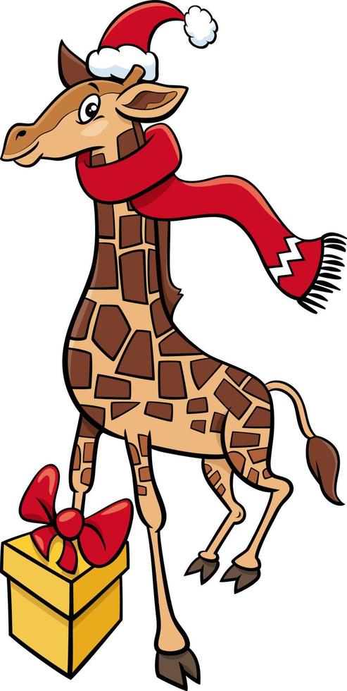 cartoon giraffe dier karakter met cadeau op kersttijd vector