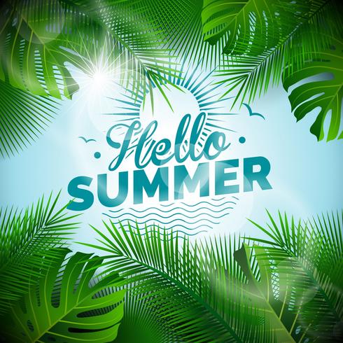 Vector Hallo zomer typografische illustratie met tropische planten op lichte blauwe achtergrond.