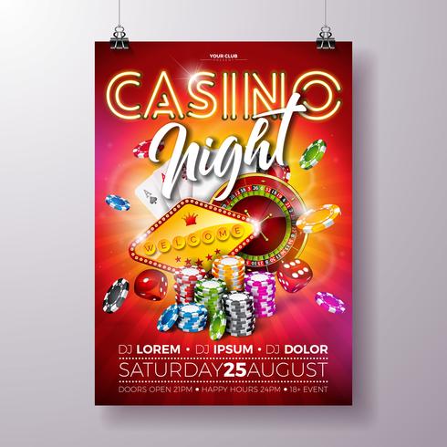 Vectorcasino nachtvliegerillustratie met roulettewiel en het glanzende neonlicht van letters voorzien op rode achtergrond. Luxe gokken uitnodiging poster sjabloonontwerp concept. vector